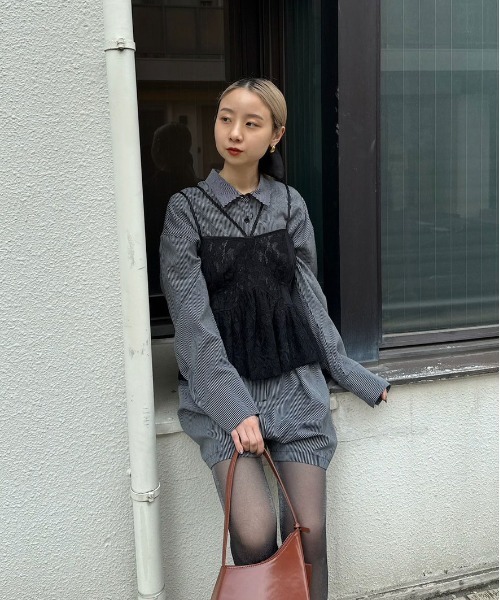 Ameri（アメリ）の「STRIPE SHIRT ROMPERS（つなぎ/オールインワン