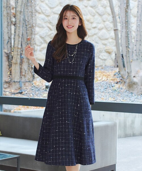 未使用 エムズグレイシー 40 立体ドット ポンポン ツイードワンピース