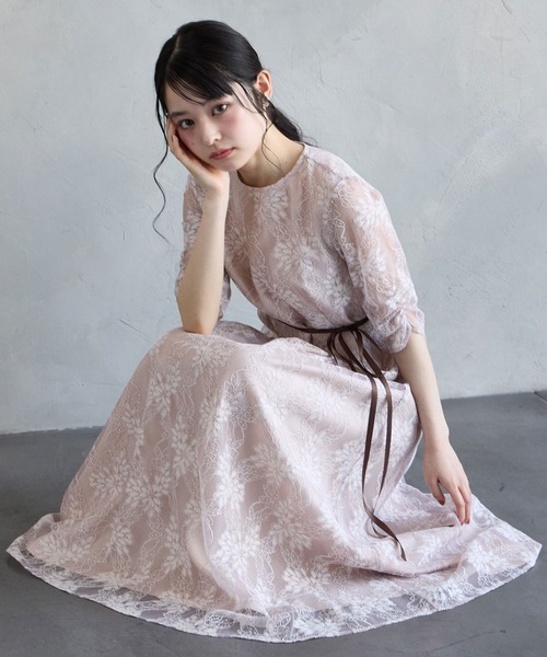 サテンリボンラメレース袖付きミモレパーティードレス 結婚式 お呼ばれ