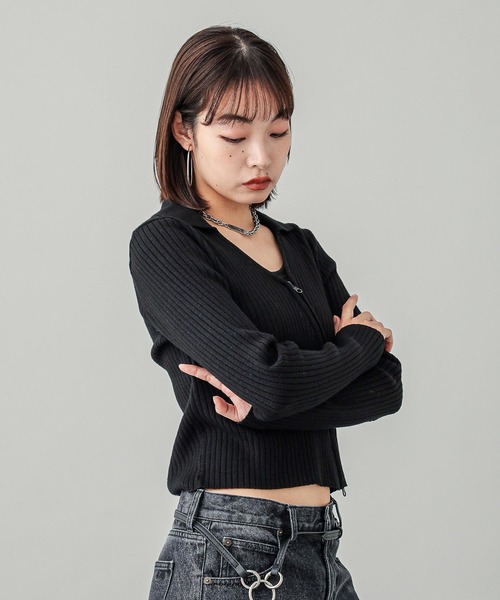 X-girl（エックスガール）の「ZIP UP RIB KNIT TOP（ニット/セーター