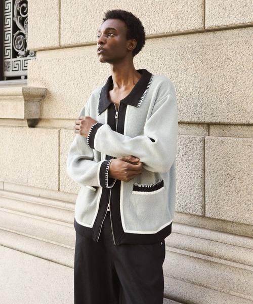 セール】with collar stitching zipper knit shirt jacket / 襟付き