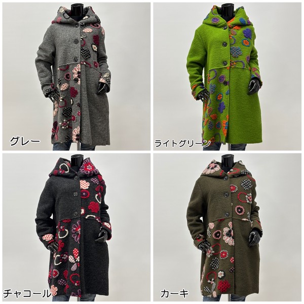 人気商品【イタリア製】パネルマルチ花柄圧縮ウールコート/フード襟