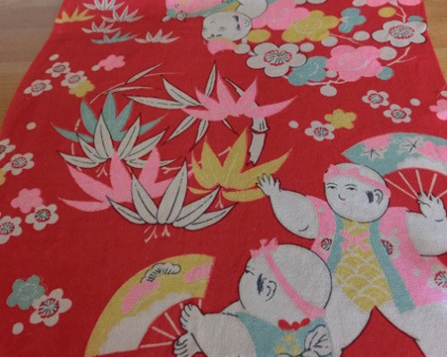 古布＊正絹錦紗縮緬＊梅・笹・舞う童子・春駒＊33x148cm