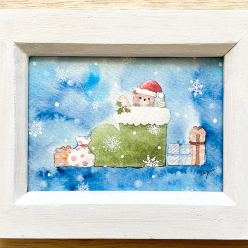 透明水彩画 ミニ額「くまちゃんのクリスマス」北欧イラスト クリスマス