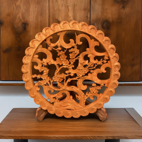 梅蘭竹菊 26.5cm（四君子 梅) 参次元彫刻『雅』 透かし彫 楠彫刻