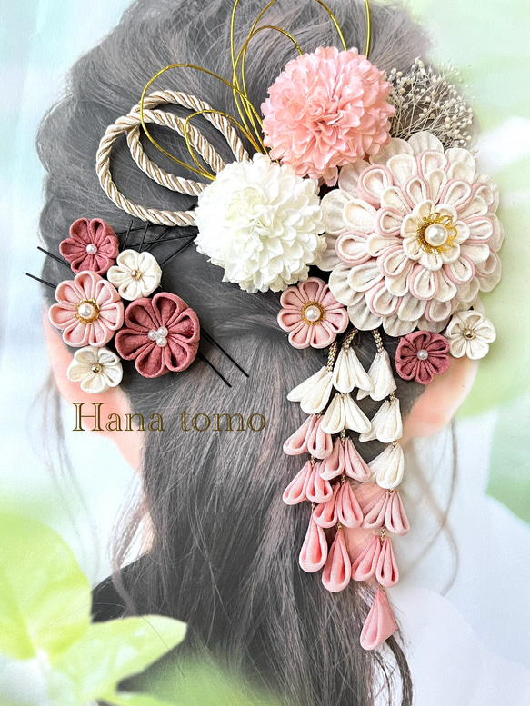 受注制作】86 和装 髪飾り ピンク アイボリー つまみ細工 結婚式 成人
