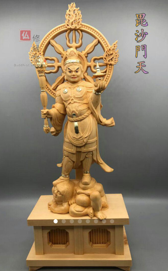 最高級 木彫り 仏像 毘沙門天立像 彫刻 本金 切金 天然木檜材 C 彫刻