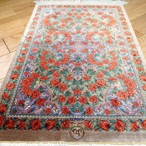 ペルシャ絨毯クム産シルク 薔薇 タバタバイ工房 玄関マット 93x60cm
