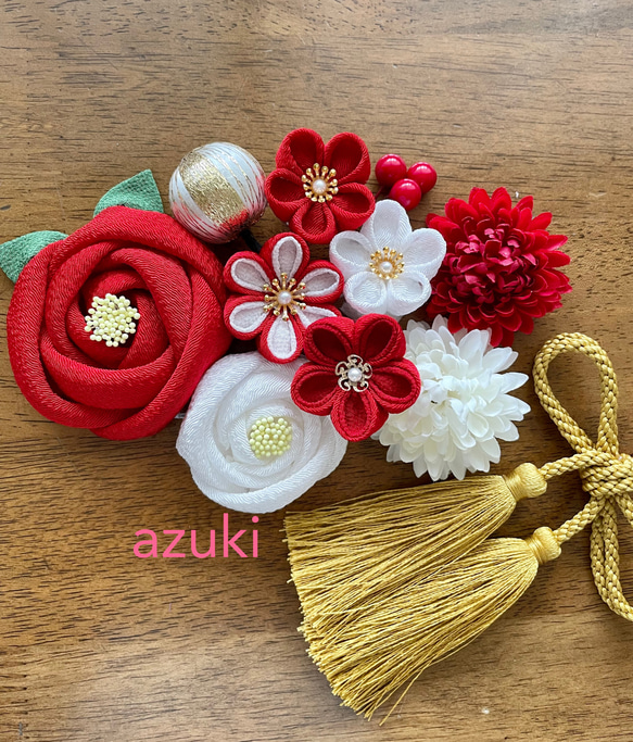 つまみ細工 髪飾り 紅白椿 成人式 和装 11点セット ✳︎飾り紐の色変更