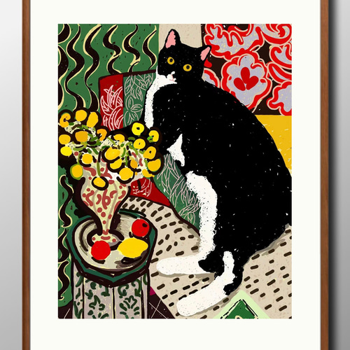 yasukiti1997様オーダー 絵画「ハチワレ猫と小鳥のアート イエロー