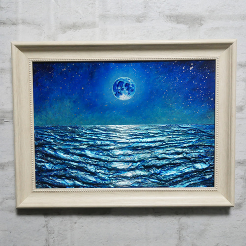 油絵 油彩 油彩画 絵 絵画 【青い満月と輝く海】 絵画 HR 通販