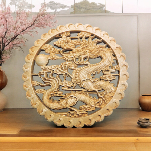 独龍戯珠 26.5cm（龍・竜・雲) 参次元彫刻『雅』透かし彫 楠彫刻