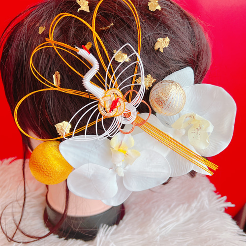 胡蝶蘭☆鶴☆扇子髪飾り☆組紐☆成人式髪飾り☆結婚式☆卒業式髪飾り