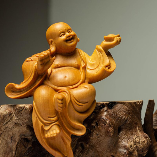 布袋様 七福神 木彫り 仏像 仏教工芸品 置物 精密彫刻 彫刻 杏子の