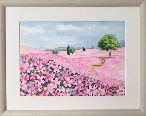 透明水彩画 原画 「湖畔の桜」額縁付 SMサイズ 風景画 透明水彩画 原画