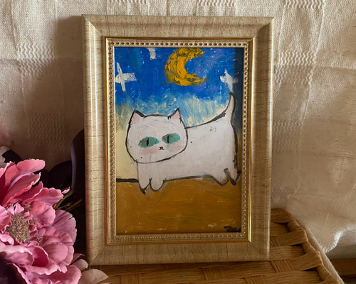 絵画。原画【かわいい白い猫が夜に梯子を登って光る星を集める】