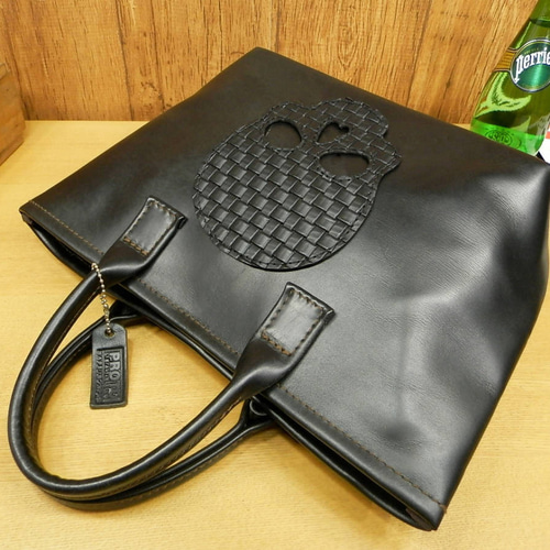 ☆受注生産☆スカルワッペン付きの本革ミニトートバッグですSサイズ黒