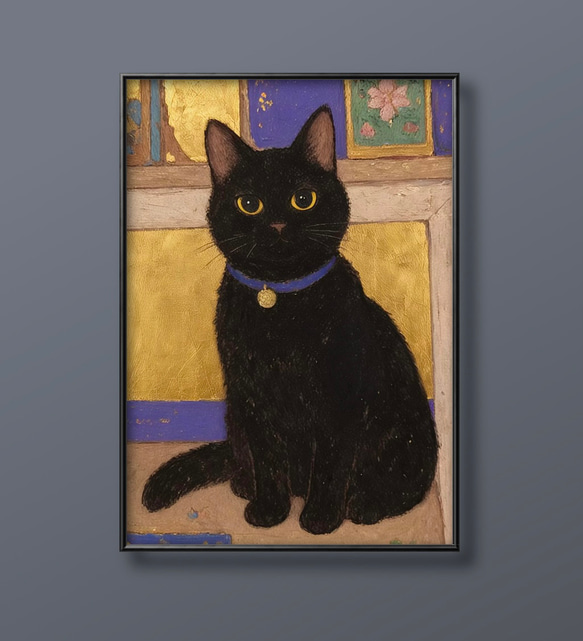 絵画 | イラストポスター 348 ☆ 【黒猫は青い首輪をつけている】 絵画
