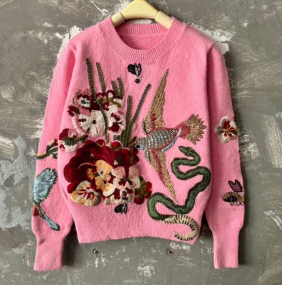 2024新作】ビーズ刺繍フェア島丸首ニット ウール混紡セーター 大人