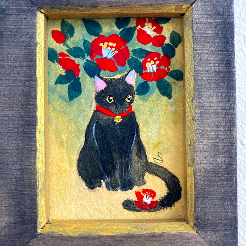 椿と黒猫④」 オリジナルフレーム入り /原画 猫の日2025 日本画 絵