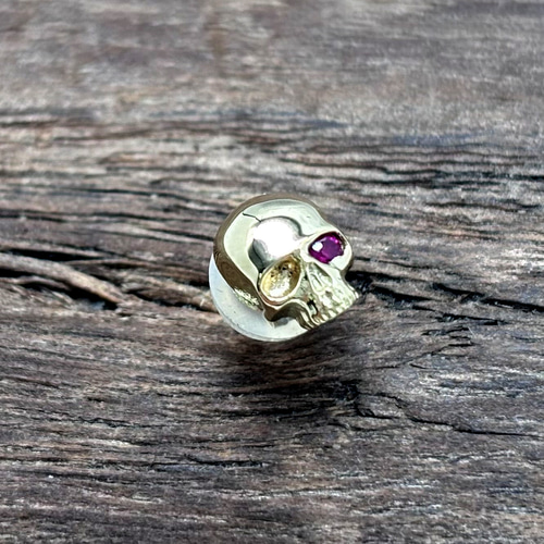 スカル 18金ピアス メンズ/ルビー 片耳用/セカンドピアス つけっぱなし