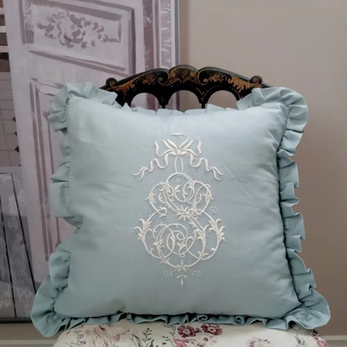 手刺繍 アンティークモノグラム刺繍リネンクッションカバー フレンチ