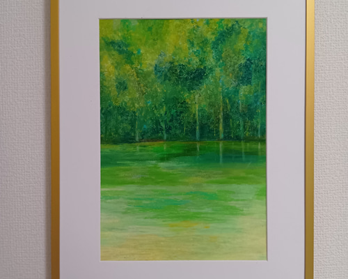 森と湖畔 オイルパステル原画 一点もの A4サイズ 絵画 ゆうまめ 通販