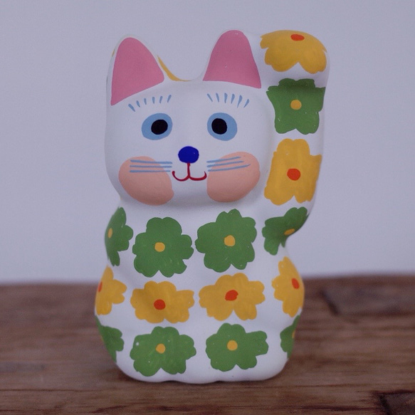 招き猫 レトロ花柄 イエローグリーン 左手招き その他インテリア雑貨