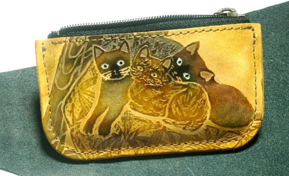 猫のデザイン レザークラフト siamese cat f小銭入れポーチ catwalk