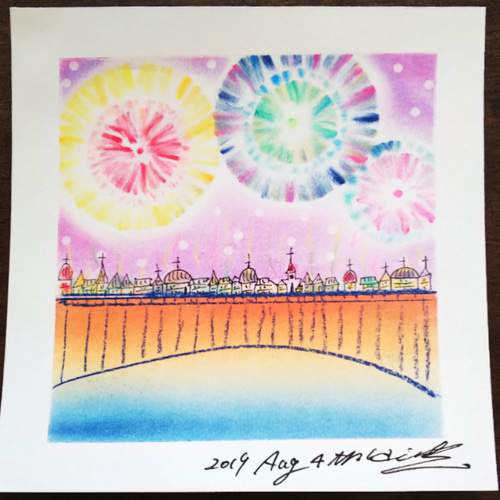 ラ・セーヌの花火】パステルアート原画 額付き(壁掛け&スタンド型