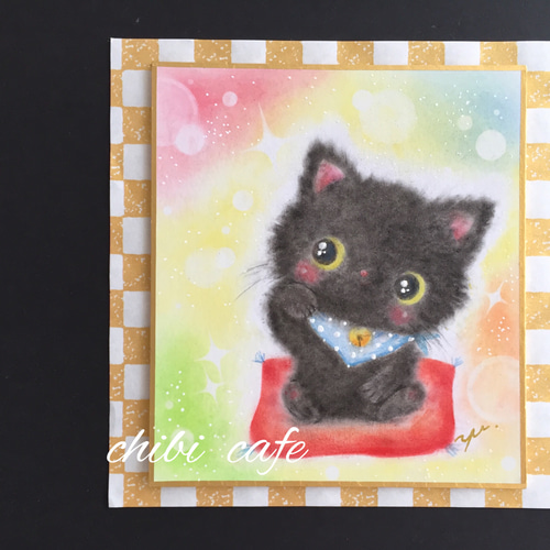 パステル原画】happy招き黒猫ちゃん ねこ パステルアート イラスト