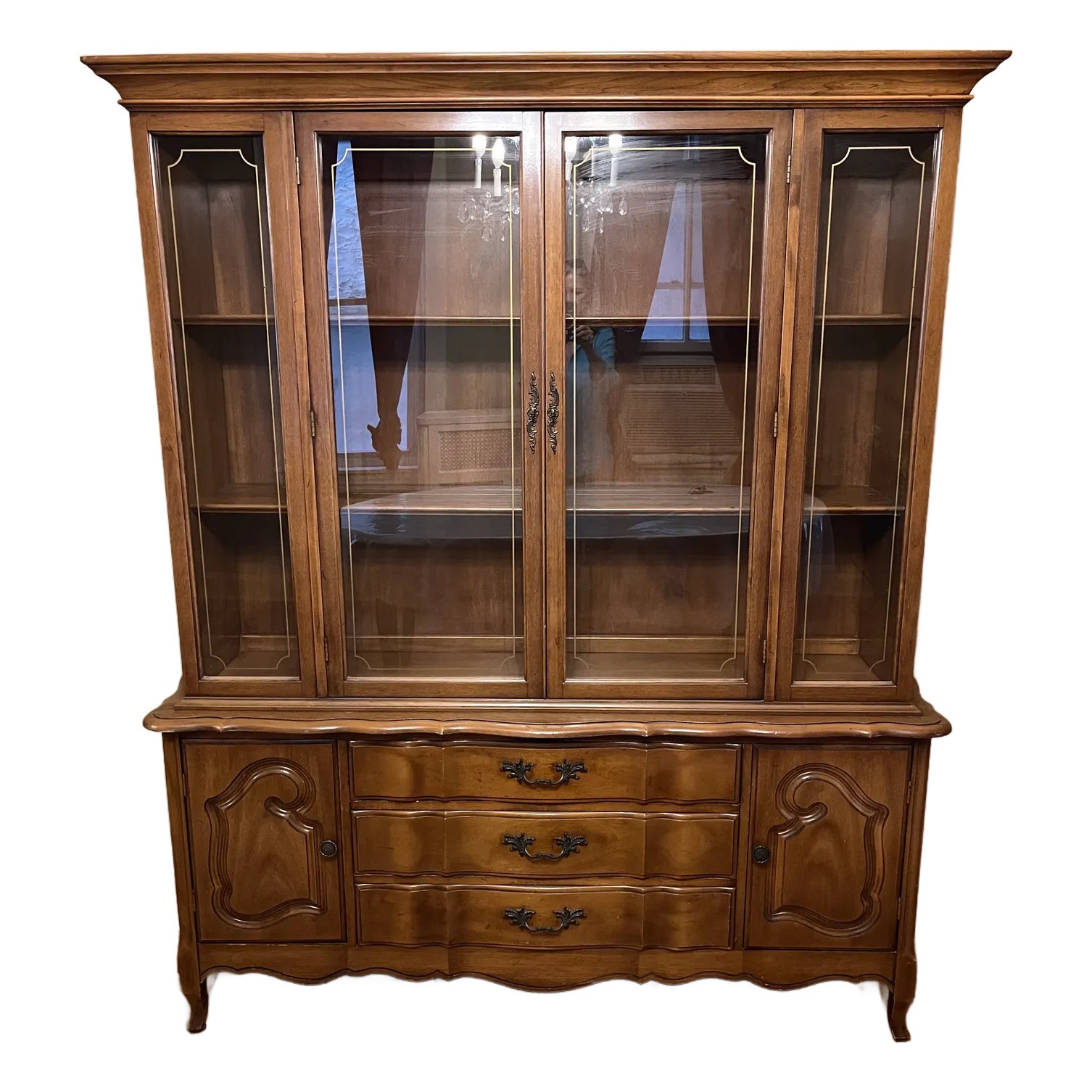 1960s French Provincial China Cabinet Vintage 60's Glass Doors