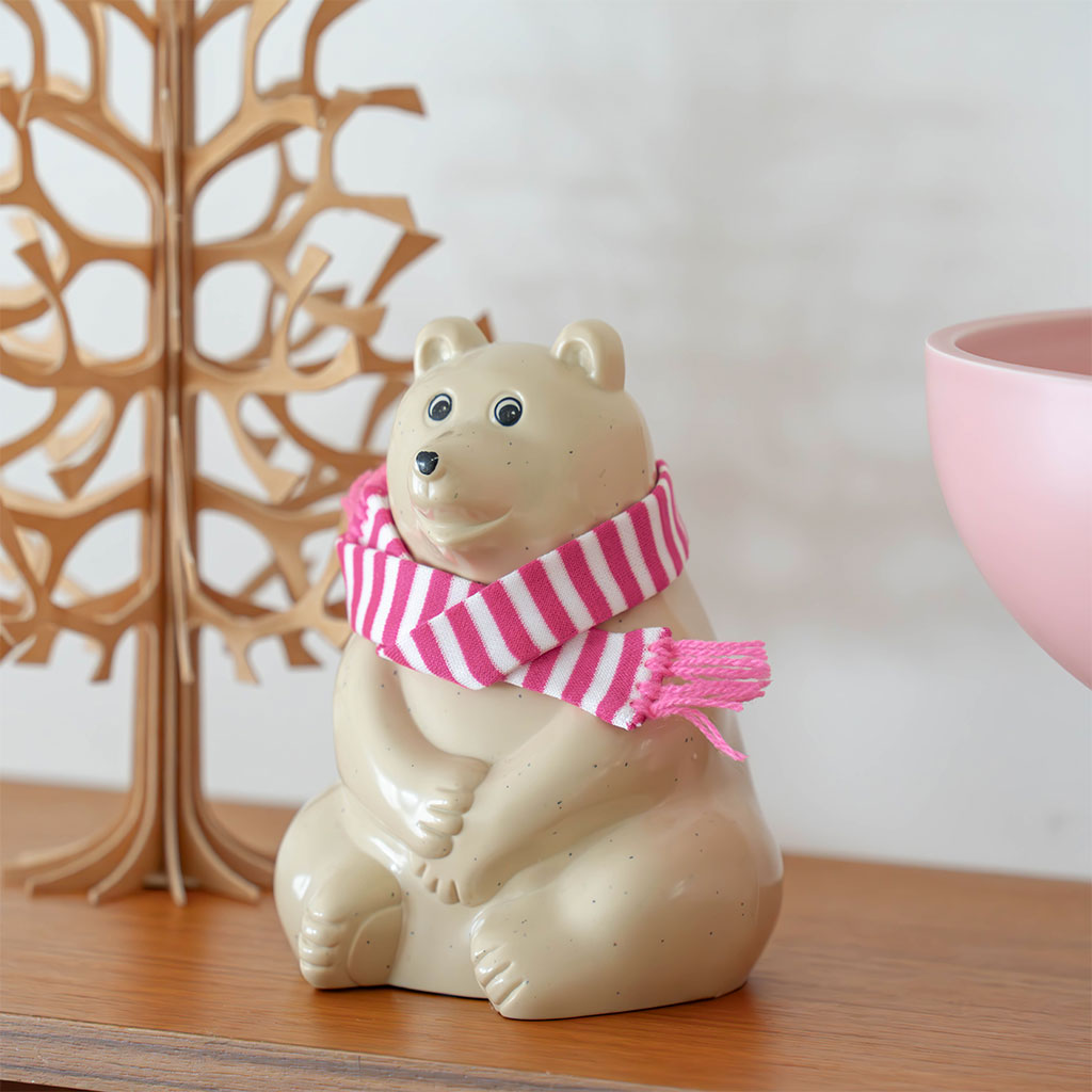2024年限定】しろくま貯金箱｜ピンクボーダーマフラー付き Polar Bear