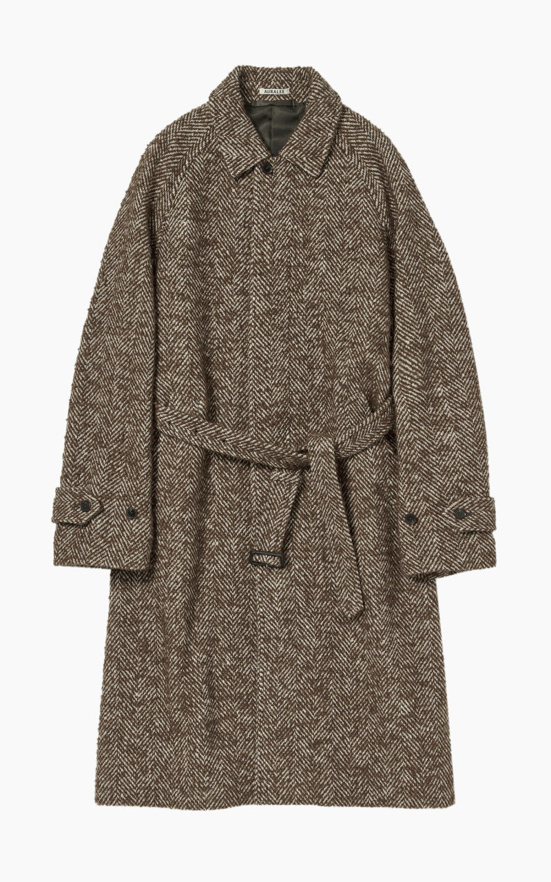 Auralee Wool Alpaca Herringbone Tweed Soutien Collar Coat Brown