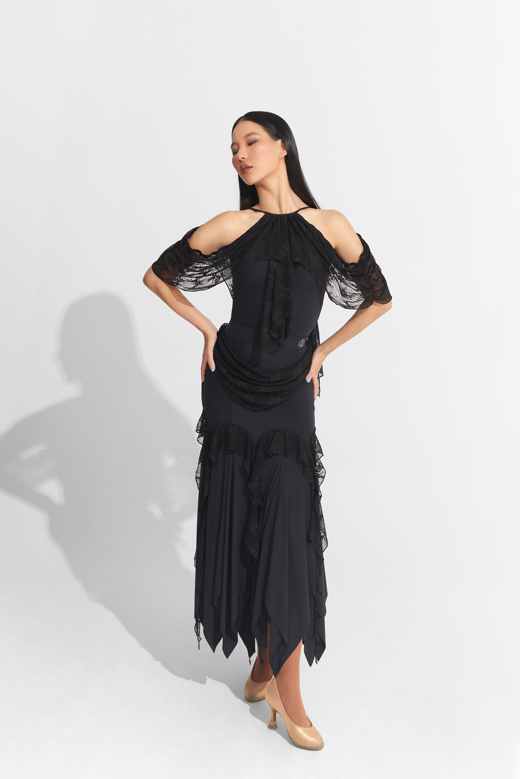 DANCE QUEEN 1009-1 Black Lace Off Shoulder Ballroom Practice