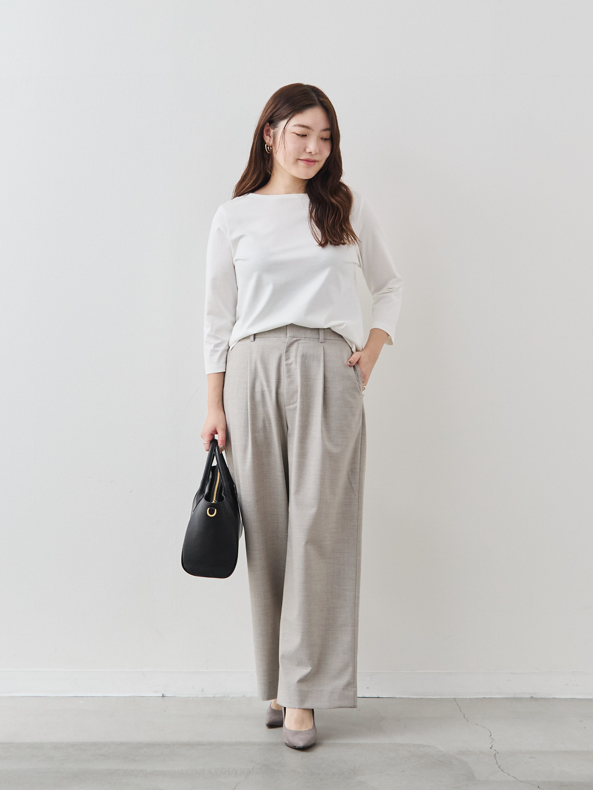 上質コットン100%のドレスTシャツ/ボートネック七分袖/ホワイト