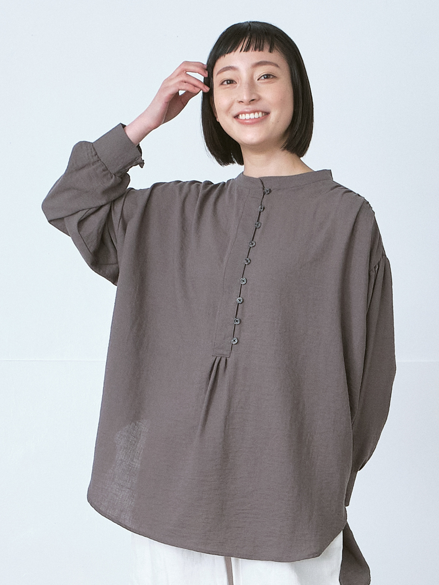 バンドカラープルオーバーブラウス E/R/Lシングルガーゼ | シャツBL