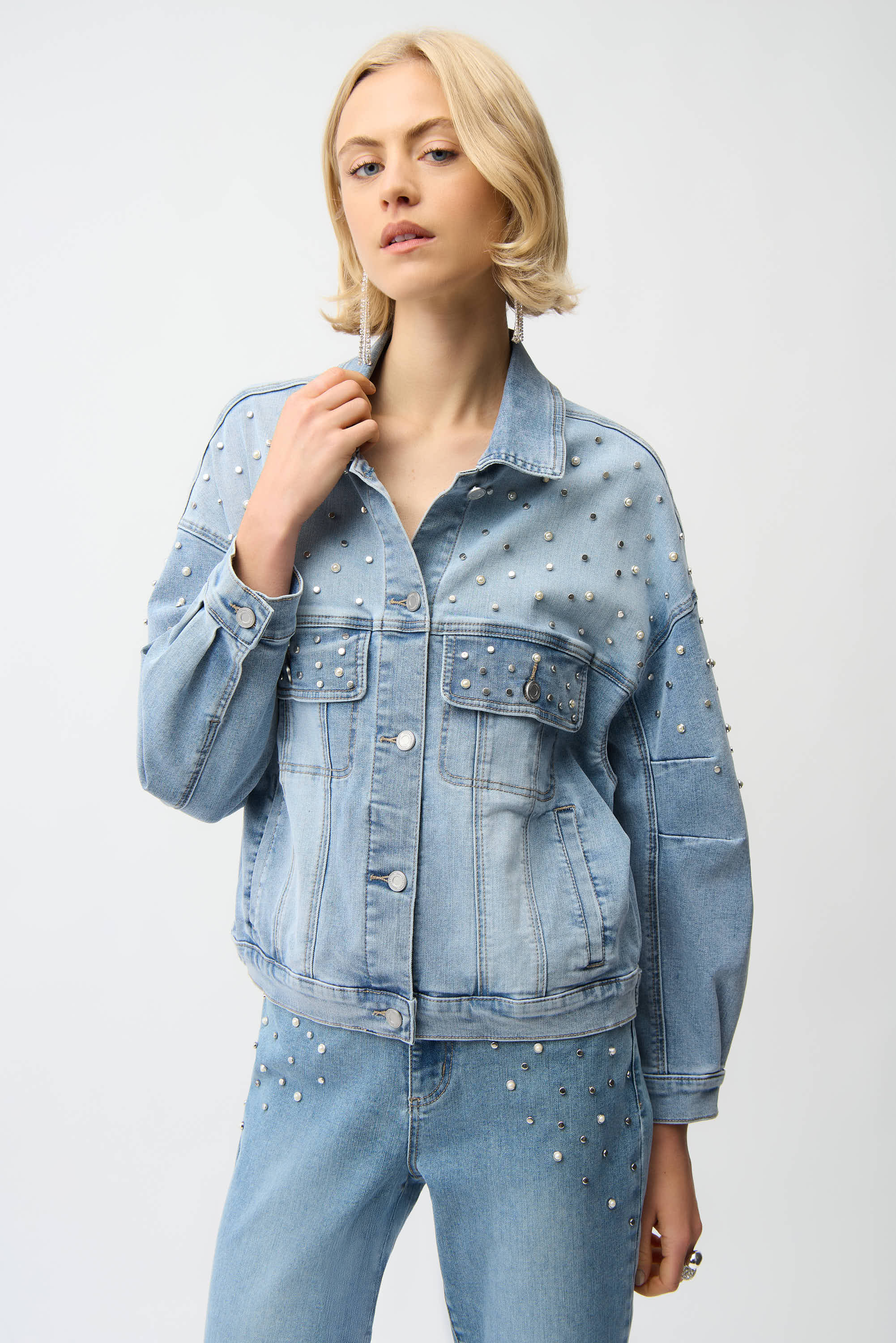 Joseph Ribkoff Denim Oversized Jacket With Pearls & Studs Style