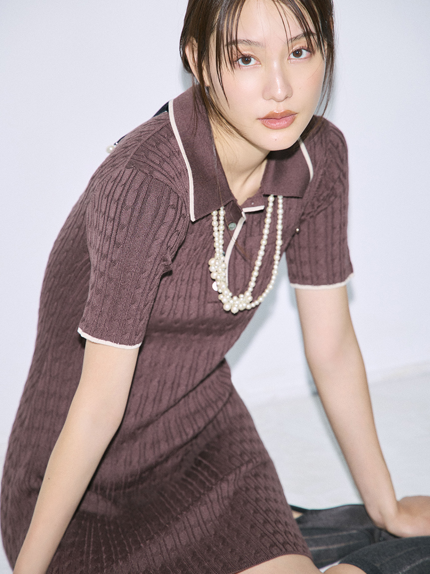 ONLINE限定】ポロカラーケーブルニットミニワンピース(ニット