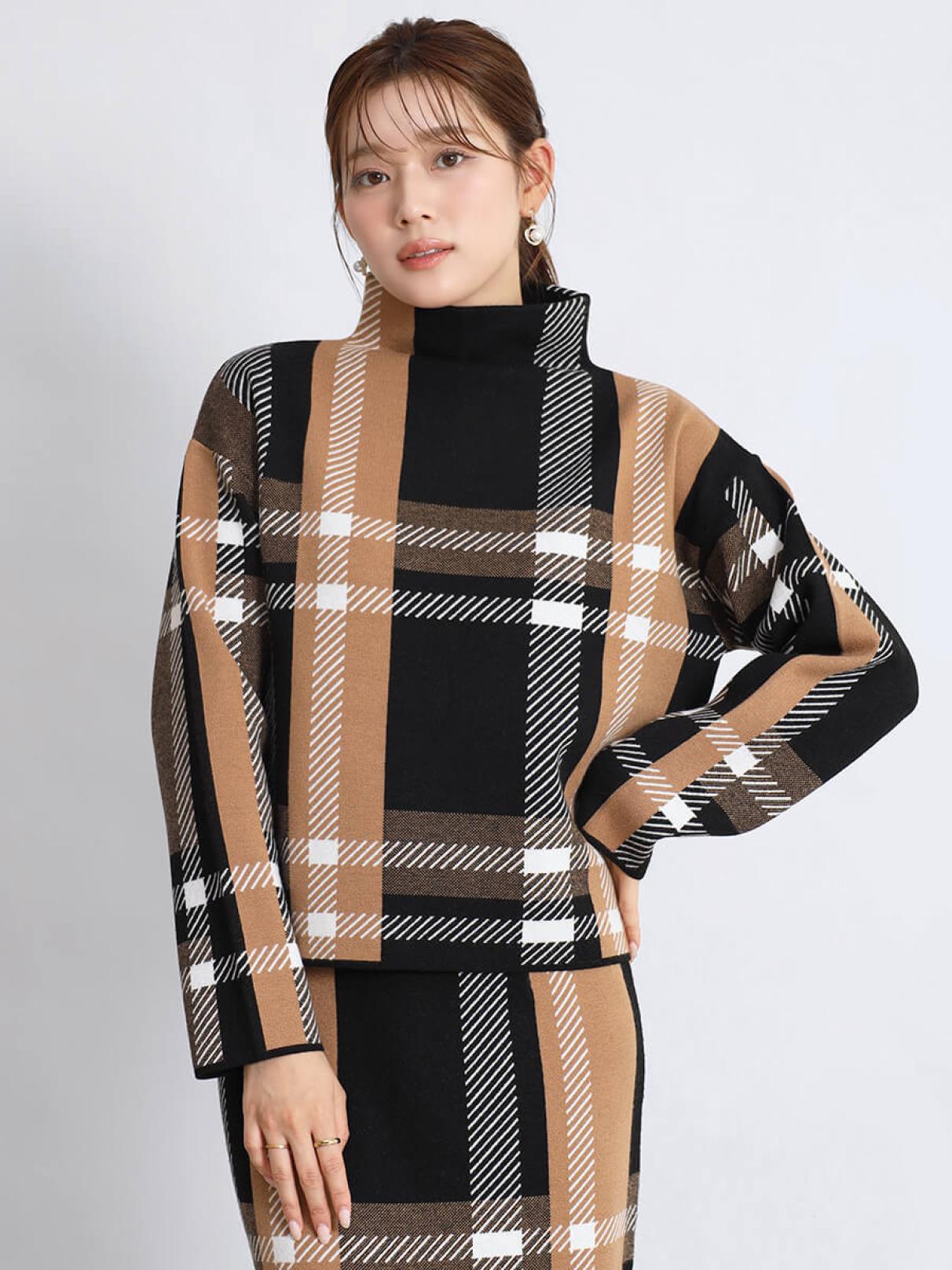 ビッグチェックボトルネックニットトップス - FENNEL - FENNEL