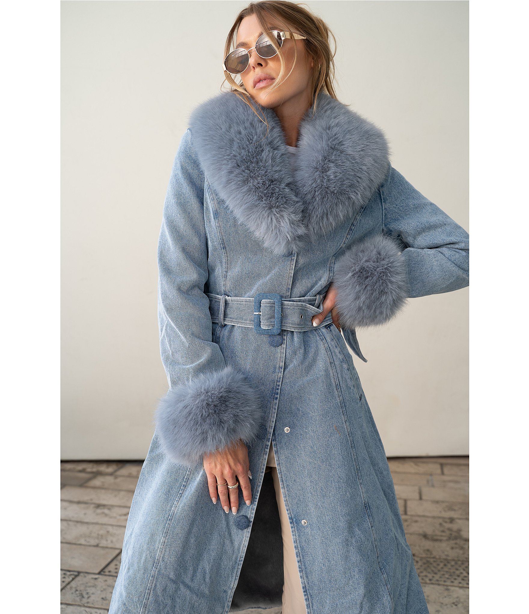 Azalea Wang Kaya Denim Faux Fur Collared Trench Coat at