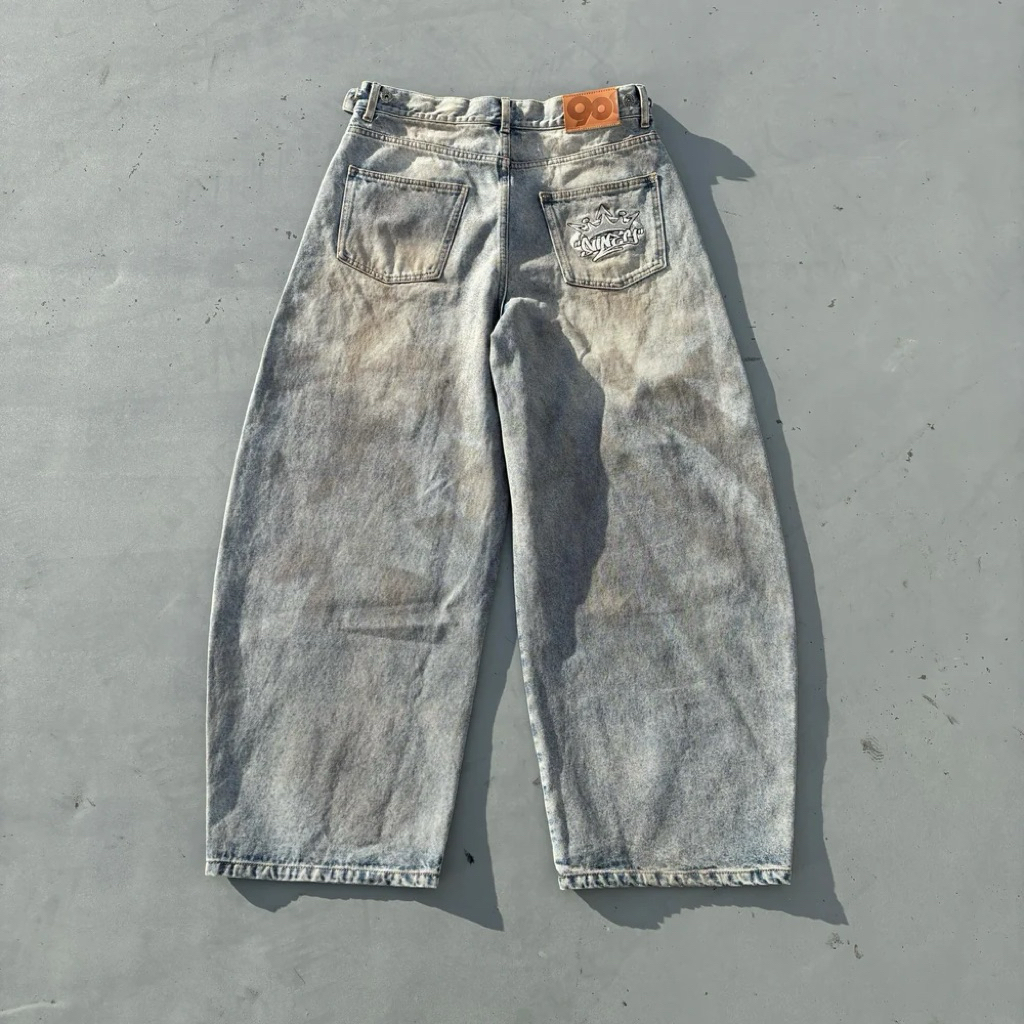 9090 King Logo Slub Denim Buggy Pants | 蝦皮購物