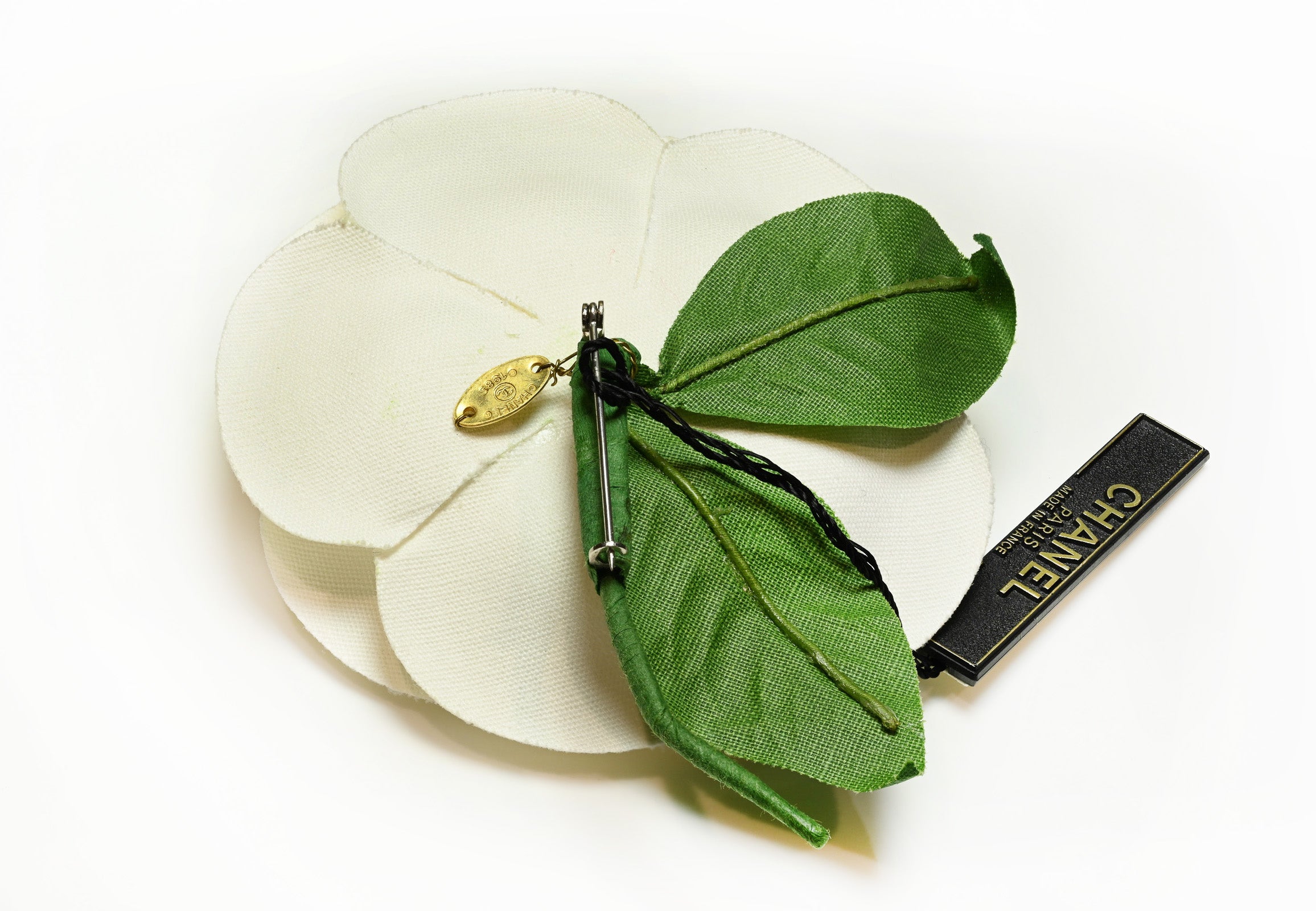 Vintage Chanel Paris White Green Silk Large Camellia Brooch
