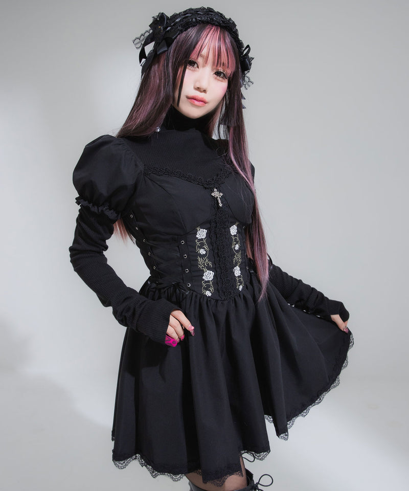 薔薇刺繍細見えレースアップミニワンピース – レディースファッション