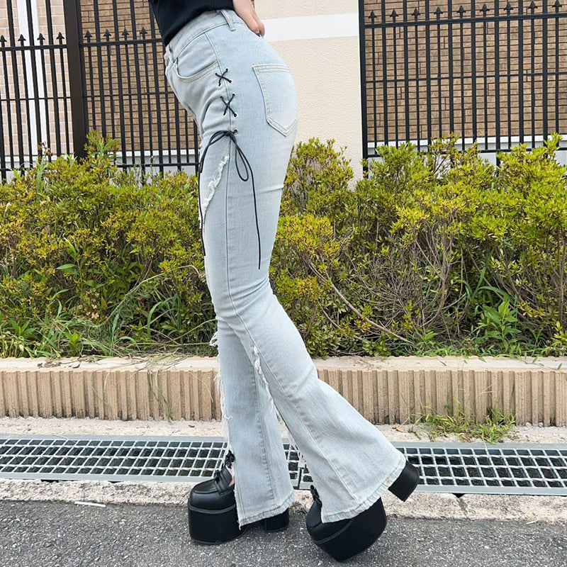 サイドレースアップフレアデニム【大きいサイズ有】 – レディース