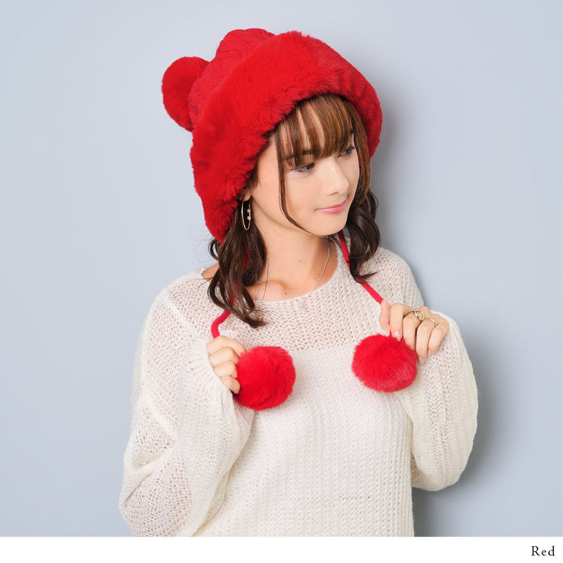 ふわふわポンポン付フェイクファーニット帽 – レディースファッション