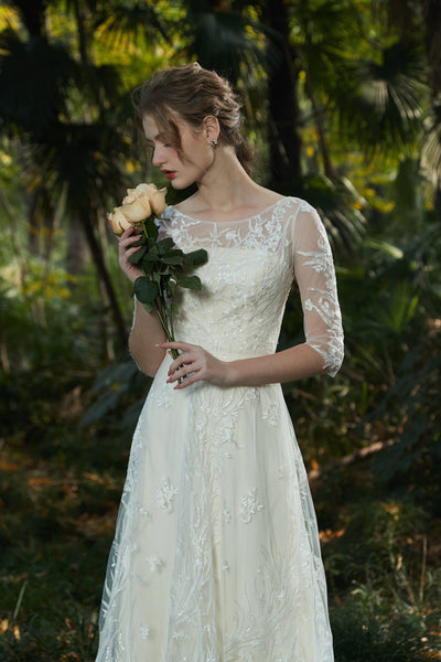 刺繍レース 七分袖 Aラインドレス（W213）