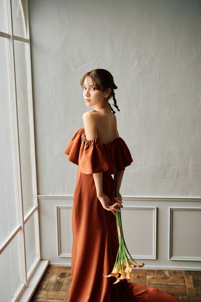 オフショルダー フリル ソフトマーメイドドレス テラコッタ（W300TE）