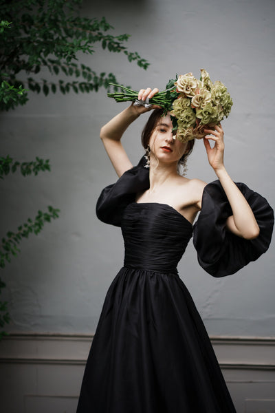 オーガンジーサテン パフスリーブドレス ブラック（W260BK）