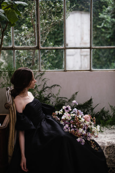 オーガンジーサテン パフスリーブドレス ブラック（W260BK）